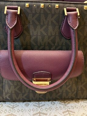 Rare Michael Kors Plum and Brown Signature Top-Handle Satchel with Gold Hardware